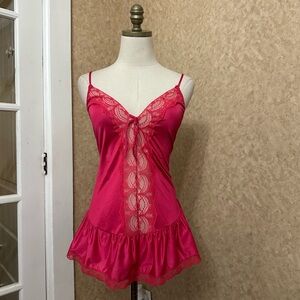 VTG 80s 90s Pink Satin Floral Lace Bow Tie Front Ruffled Lingerie Slip Dress